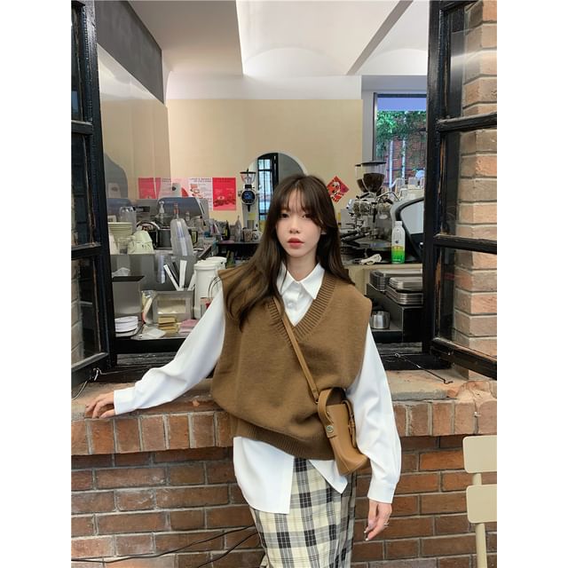 Moon City - Plain Shirt / V-Neck Plain Sweater Vest | YesStyle