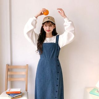 icecream12 - Buttoned Denim Long Pinafore Dress | YesStyle