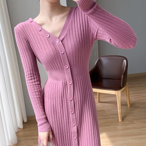 Klevy - Long-Sleeve V-Neck Plain Ribbed Knit Midi A-Line Dress