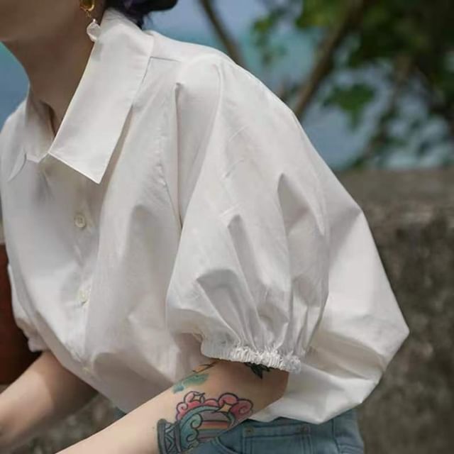 Lewwe-Elbow-Sleeve Collared Plain Button-Up Blouse