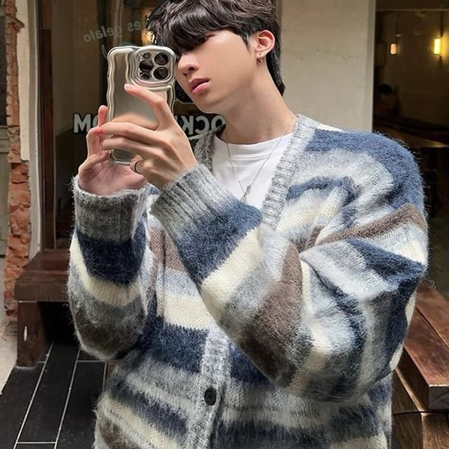 Naideth-V-Neck Striped Cardigan