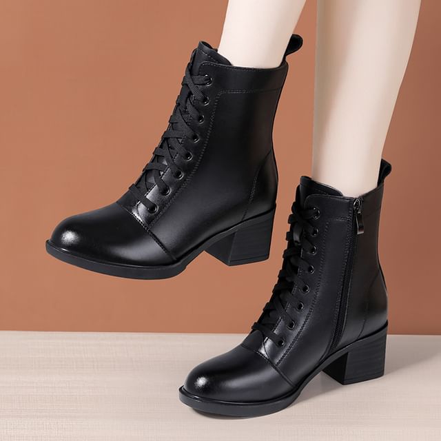 Freesia-Chunky Heel Plain Lace-Up Short Boots