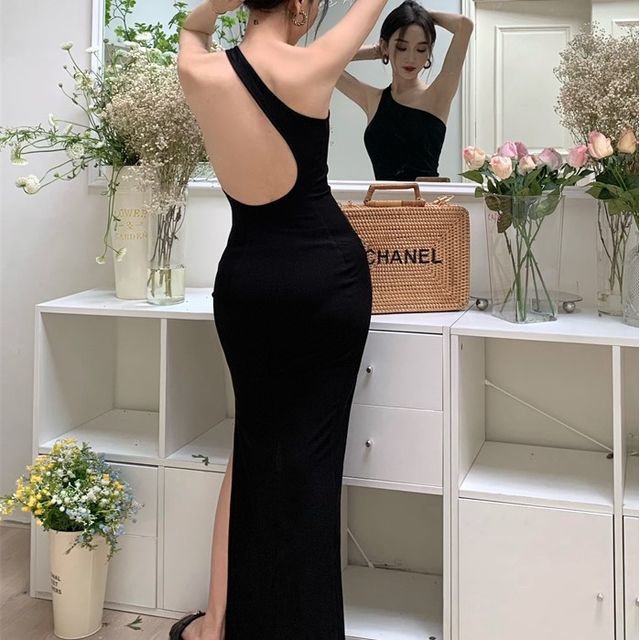 open shoulder slit plain bodycon dress