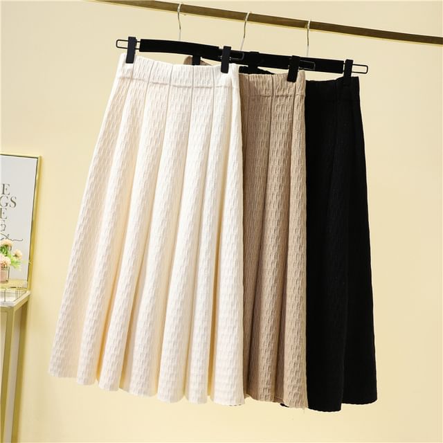 Hevnir-High Waist Plain Pleated Midi A-Line Knit Skirt