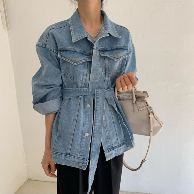 Jesong-Washed Single-Breasted Denim Jacket with Belt