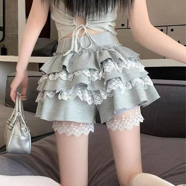 Woohan-High Waist Plain Lace Ruffle Mini Layered Skort