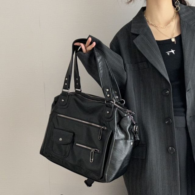 Basaran-Plain Faux Leather Tote Bag