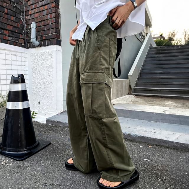 mopagrati-Mid Rise Plain Wide Leg Cargo Pants
