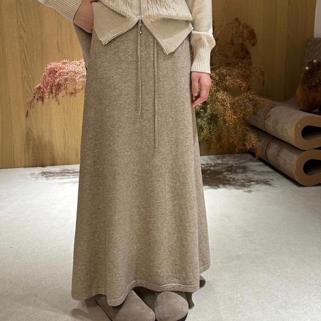 Jeonseon-Drawstring Waist Plain Knit Maxi A-Line Skirt