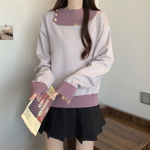 Allinya-Asymmetrical Collar Two Tone Sweater