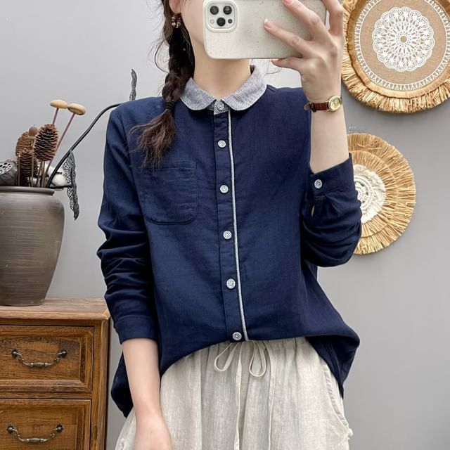 PANDAGO-Long Sleeve Peter Pan Collar Contrast Trim Button Down Shirt