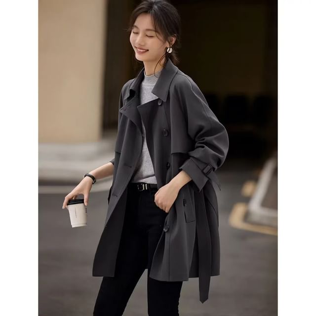 Jeonseon-Collared Plain Button Trench Coat