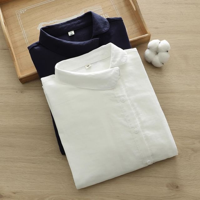 PANDAGO-Long Sleeve Collared Plain Shirt