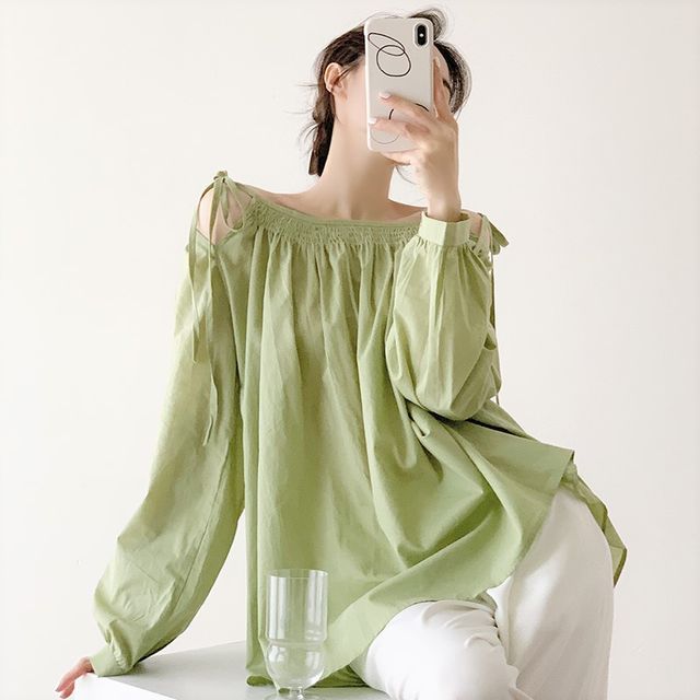 Rosewind-Puff-Sleeve Cold Shoulder Plain Blouse