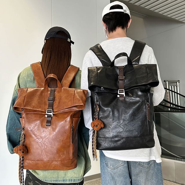 Hikuozy-Buckled Flap Faux Leather Backpack