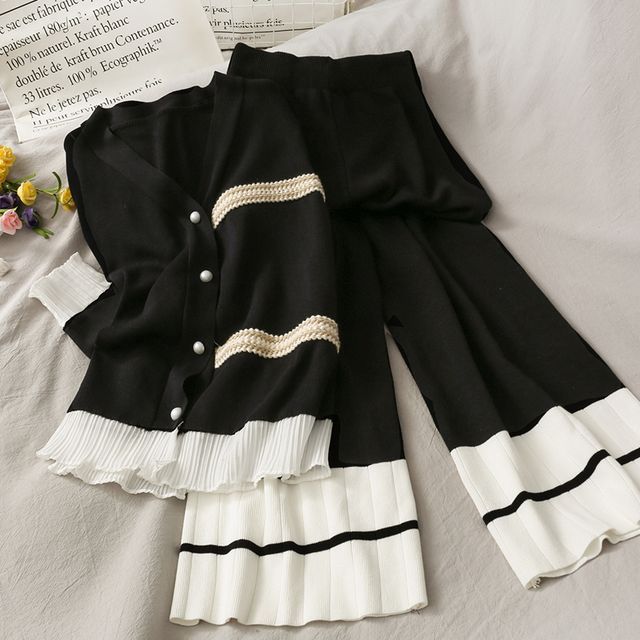 Lemongrass-Set Patchwork Button-Up Knit Top Wide-Leg Pants