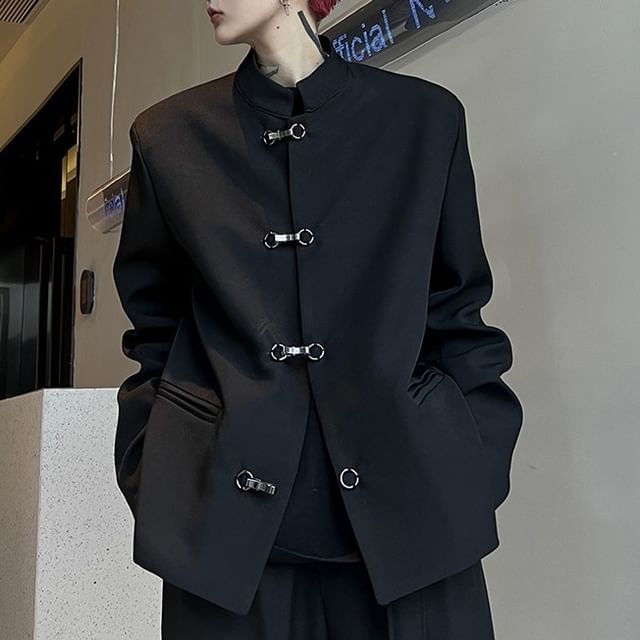 Cowpow-Mandarin Collar Plain Single-Breasted Blazer