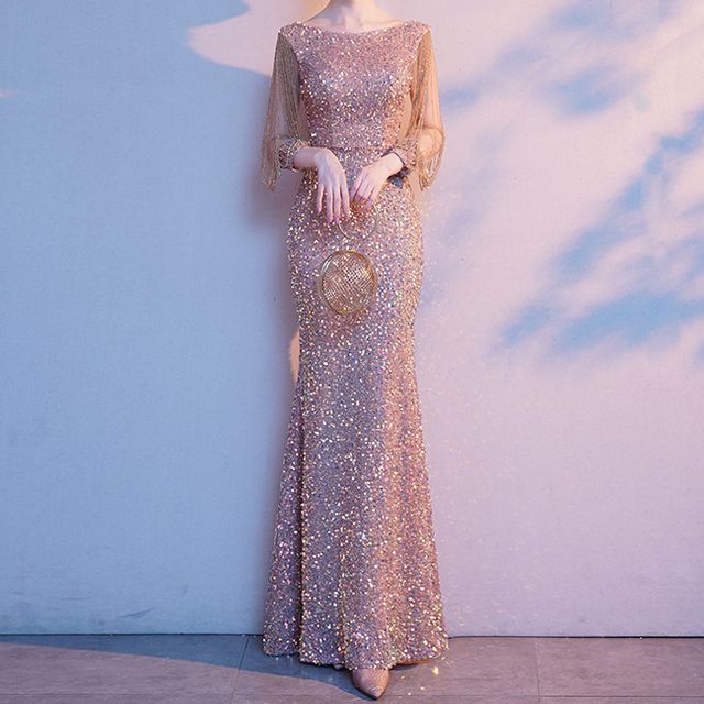 LEFFA - 3/4-Sleeve Sequined Mermaid Evening Gown | YesStyle