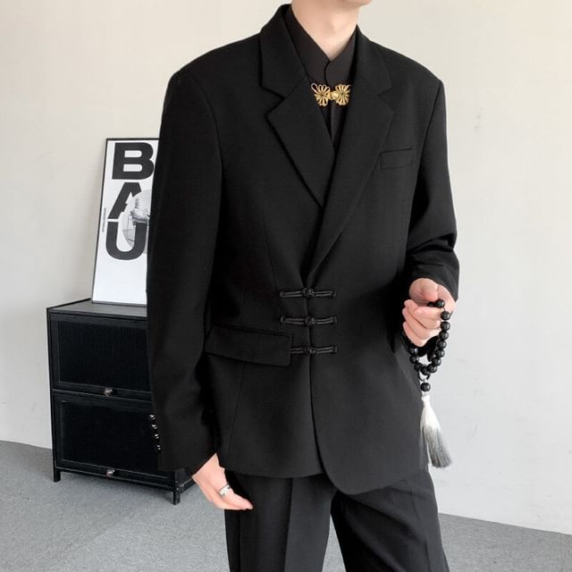 Orungeetun-Notch Lapel Plain Frog Closure Blazer Long Sleeve Collared Shirt