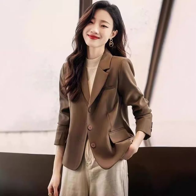 INEN-Notch Lapel Plain Single-Breasted Blazer