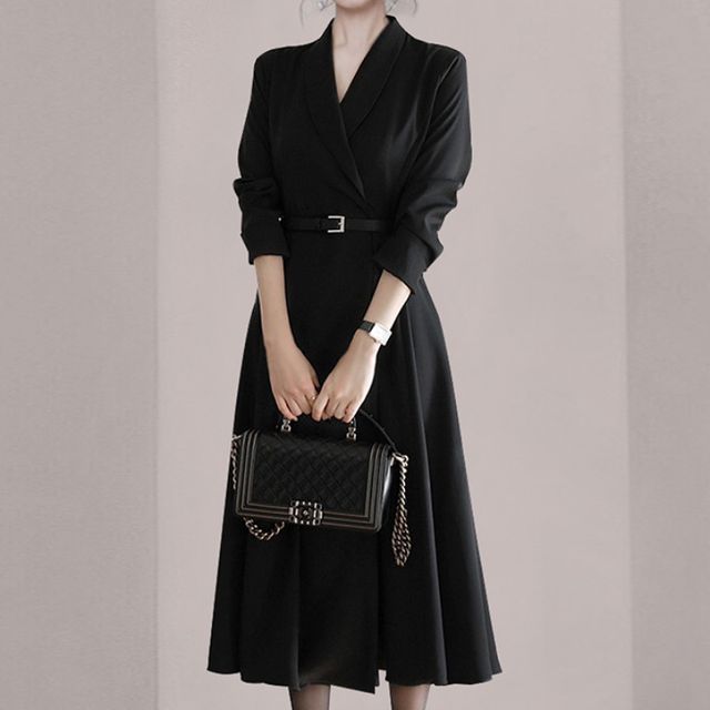 Aurora - Long-Sleeve Plain Midi Coat Dress | YesStyle