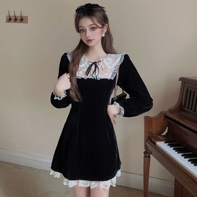 WOW!NITE - Long-Sleeve Lace Panel Velvet Mini A-Line Dress