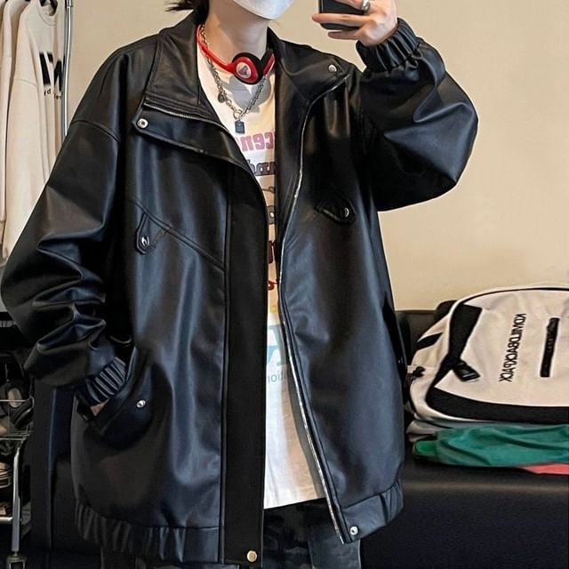 GRAYCIOUS-Stand Collar Plain Zip-Up Faux Leather Jacket