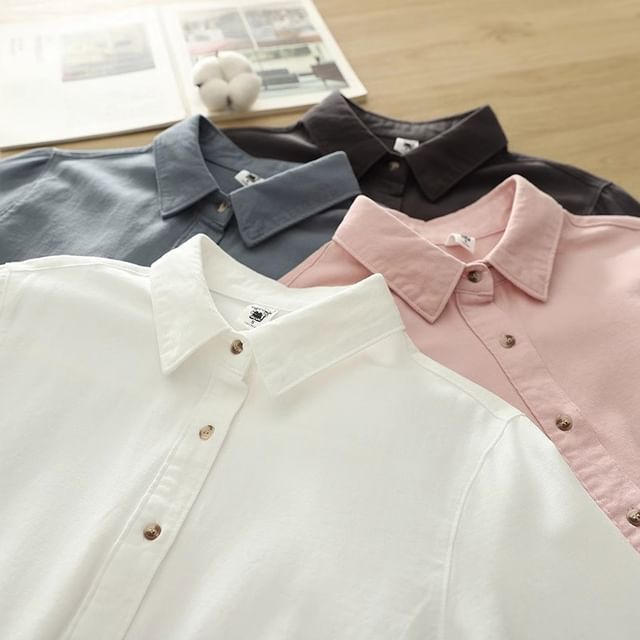 PANDAGO-Plain Button-Up Shirt