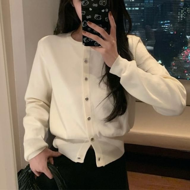 Beem-Round Neck Plain Button Up Cropped Cardigan