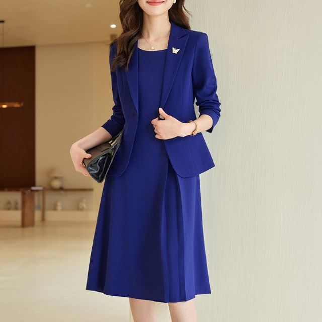 Princess Min Set: Plain Single-Button Blazer Sleeveless Scoop