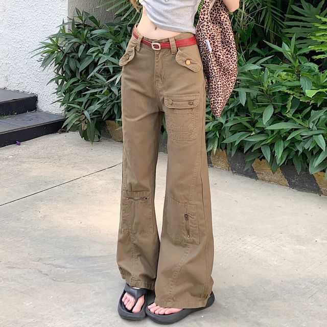 KUMI-Mid Rise Plain Panel Flared Cargo Pants Various Designs