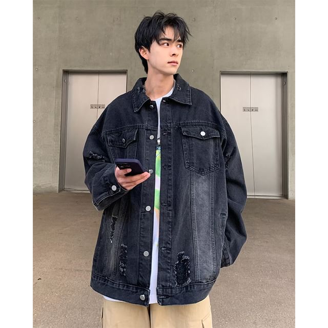 Plummie-Distressed Button-Up Denim Jacket