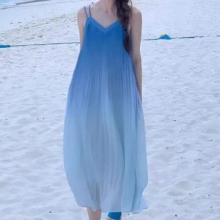 JIYON-Spaghetti Strap V-Neck Gradient Pleated Maxi Dress
