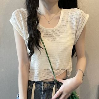 Sisyphi-Short-Sleeve U-Neck Sheer Crop Knit Top