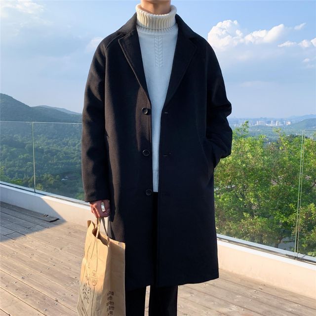 Ninine-Notch Lapel Plain Single-Breasted Midi Coat