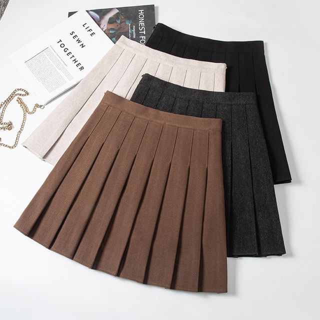Woohan-High Waist Plain Mini Pleated Skirt Various Designs