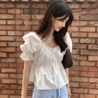 MIKIGA Puff-Sleeve Scoop Neck Plain Frill Trim Ruched Crop Blouse Sale