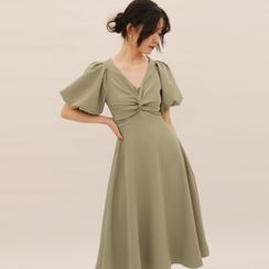TANSSHOP - Short-Sleeve Crinkled Midi A-Line Dress