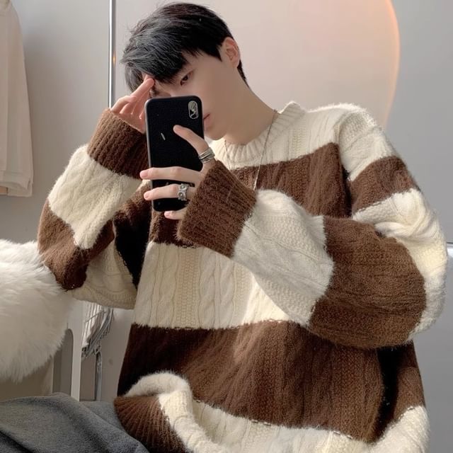 Urtishia-Crew Neck Striped Cable Knit Oversized Sweater