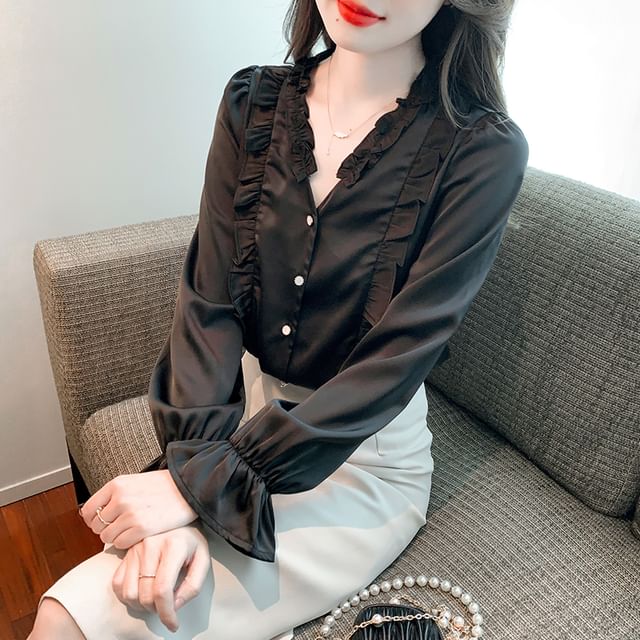 Dragan Pulse-Long-Sleeve V-Neck Frill Trim Plain Blouse