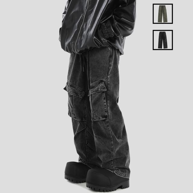 INStudio-Drawstring Waist Washed Wide Leg Cargo Jeans