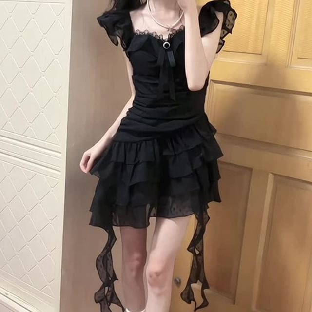 GOUB-Cap-Sleeve Plain Asymmetrical Ruffle Trim Tiered Mini A-Line Dress
