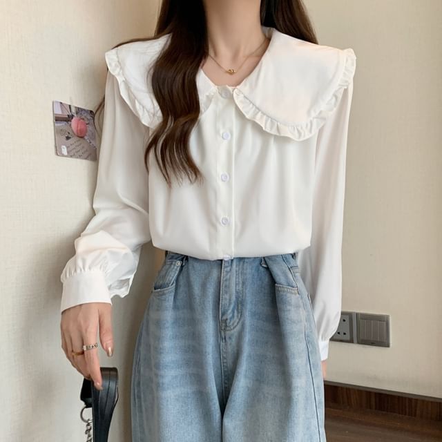 Sienne-Long-Sleeve Collar Plain Ruffle Trim Blouse