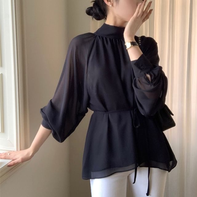 Jesong-Long-Sleeve Tie-Neck Plain Blouse