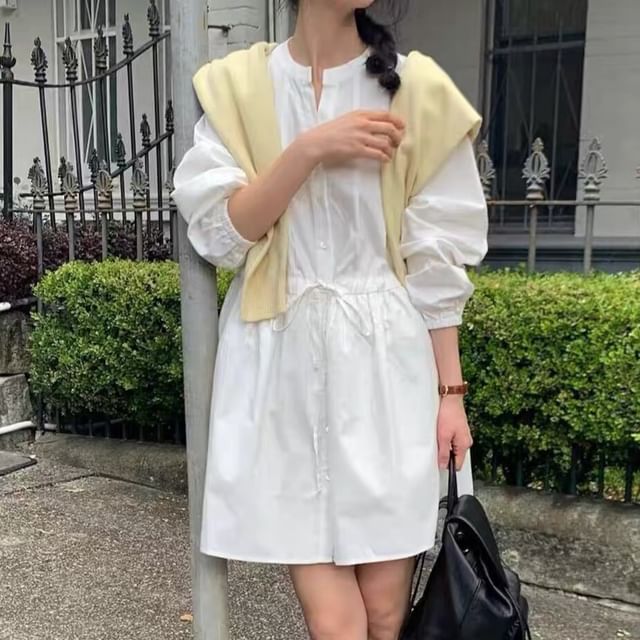 Coris-Puff-Sleeve Plain Button-Up Drawstring Mini A-Line Dress