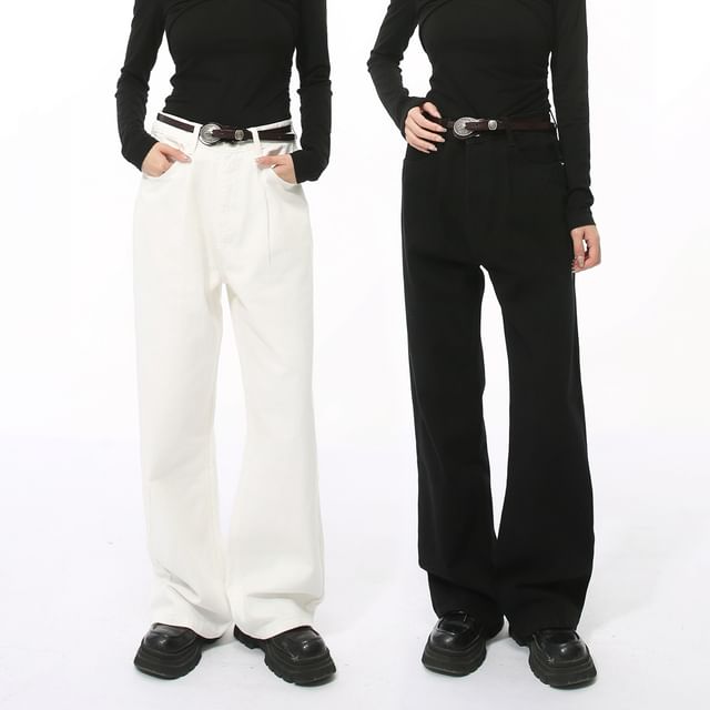 FAERIS-Mid Rise Plain Wide Leg Jeans
