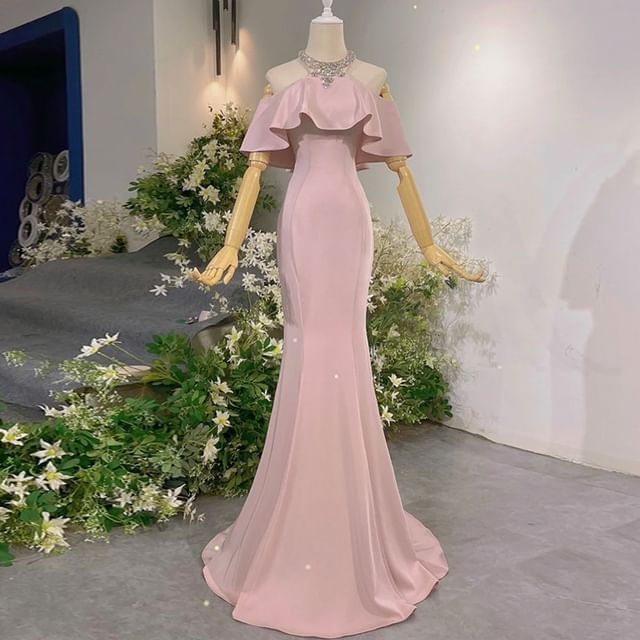 MSSBridal-Short-Sleeve Halter Neck Cold Shoulder Plain Rhinestone Accent Mermaid Evening Gown