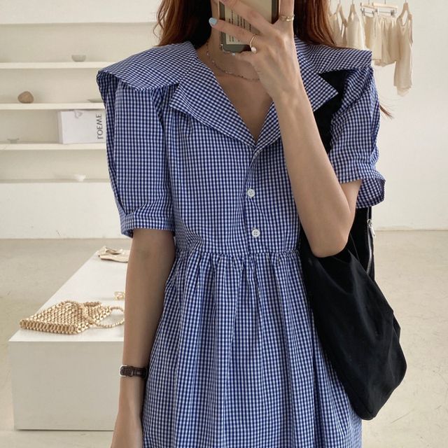 Jesong-Puff-Sleeve Gingham Button-Up Midi Shirtdress
