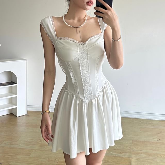 Honey River - Sleeveless Plain Lace Trim Mini A-Line Corset Dress | YesStyle