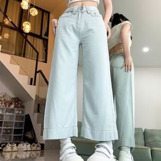 Wildfoea-Mid Rise Cropped Wide Leg Jeans